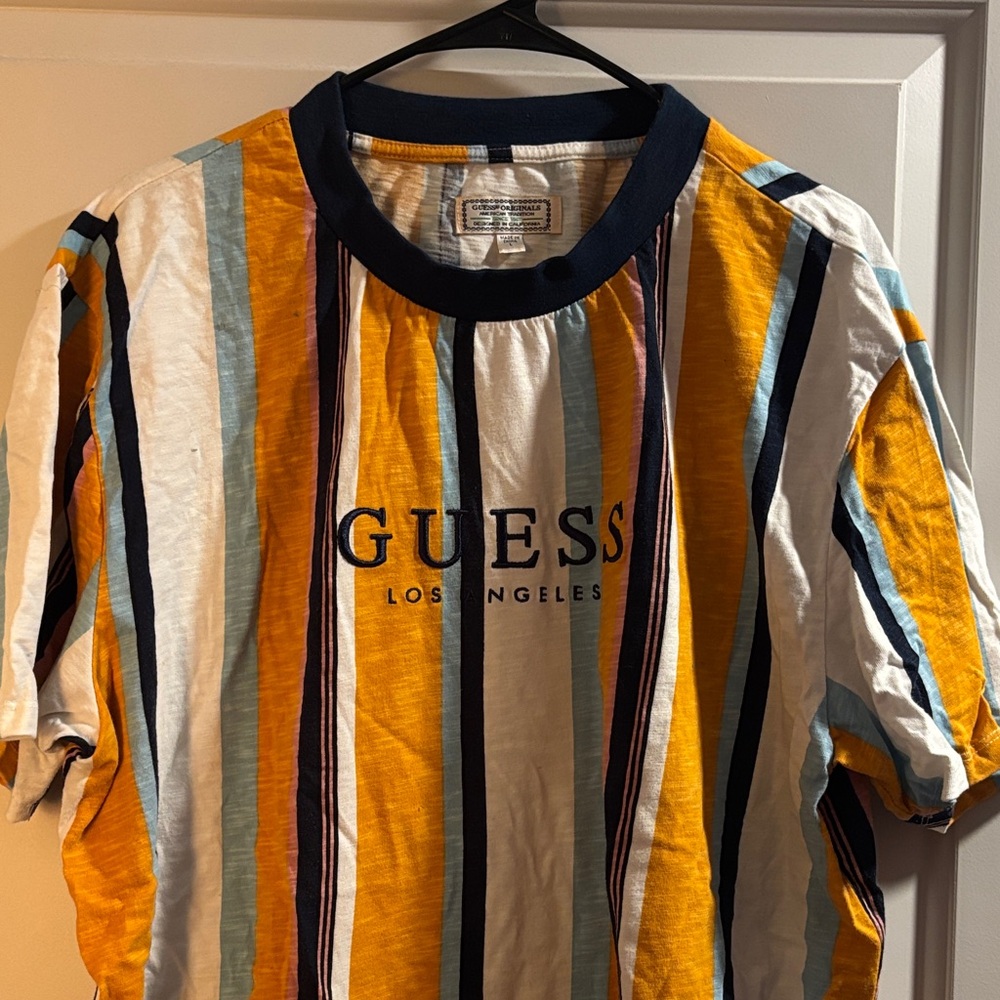 GUESS Men’s Multicolor Vertical Stripe Crew Tee — Yellow, Blue & White